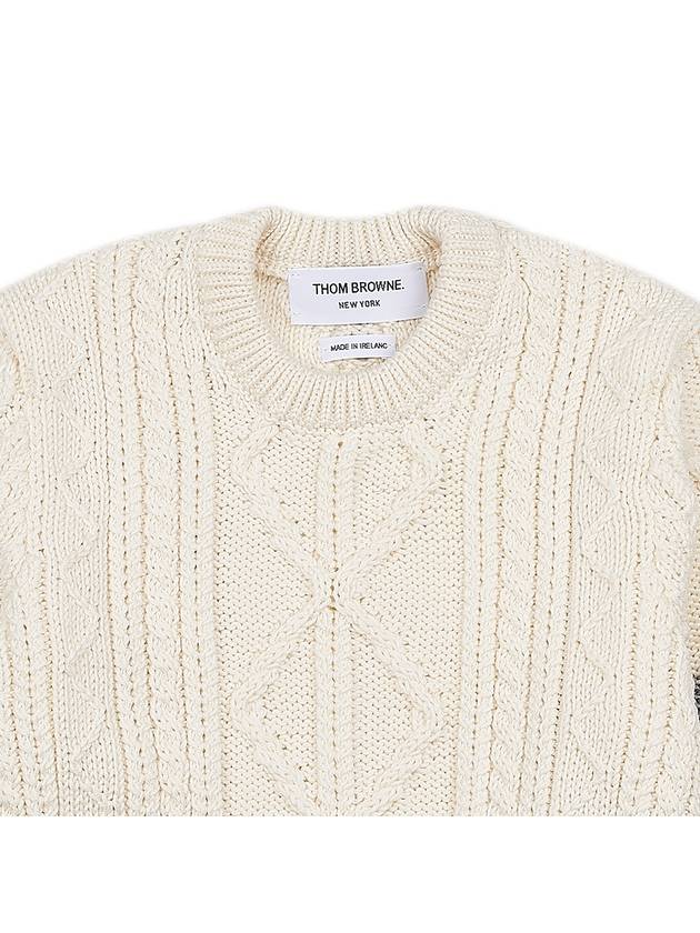 4 Bar Aran Cable Merino Crew Neck Pullover Knit Top White - THOM BROWNE - BALAAN 4