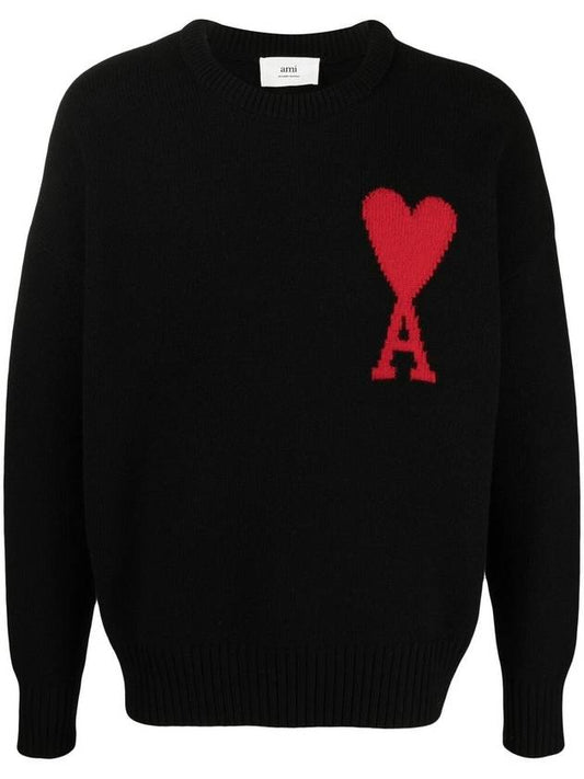 intarsia big heart logo wool crewneck knit black - AMI - BALAAN.