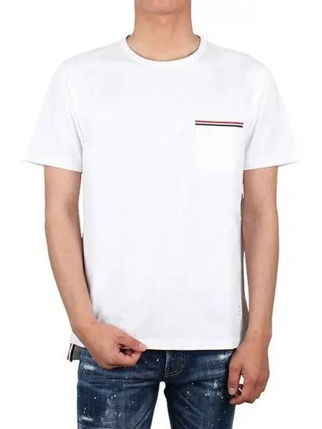 Men's Medium Weight Jersey Tipped Pocket Crewneck Short Sleeve T-Shirt White - THOM BROWNE - BALAAN 2