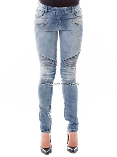 Women's Hidden Fur Light Blue Motorbike Jeans 5657214N C3011 - BALMAIN - BALAAN 2