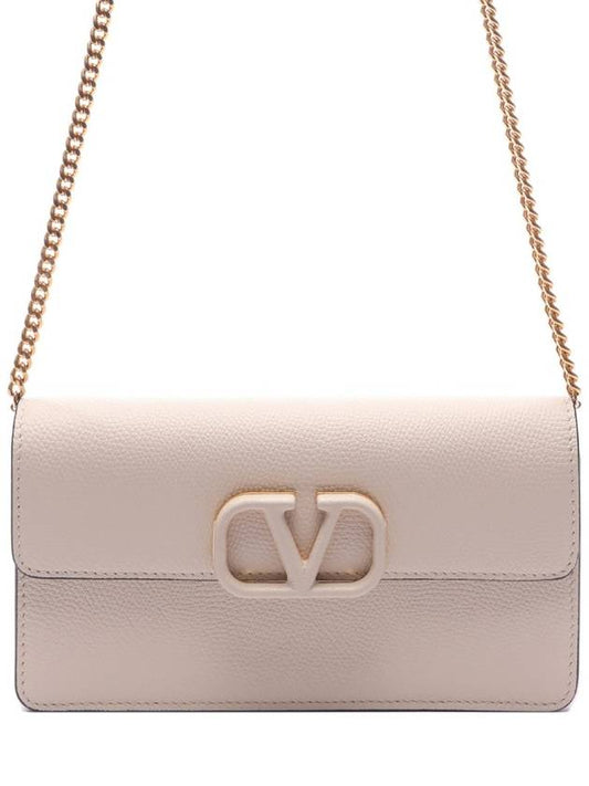 V logo signature chain grained calfskin long wallet light ivory - VALENTINO - BALAAN 2