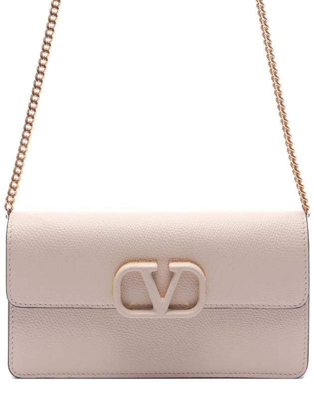 V Logo Signature Chain Grained Calfskin Long Wallet Light Ivory - VALENTINO - BALAAN 3