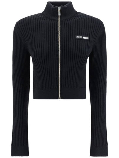 Logo Patch Rib High Neck Zip-Up Wool Cardigan Black - MIU MIU - BALAAN 2