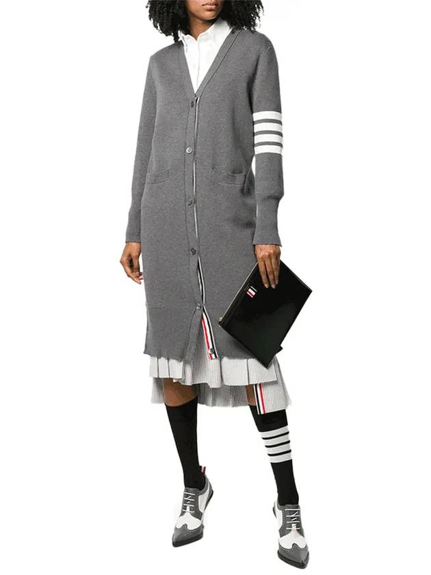 Cotton Crepe Milano Stitch 4-Bar Long V-Neck Cardigan Medium Grey - THOM BROWNE - BALAAN 3