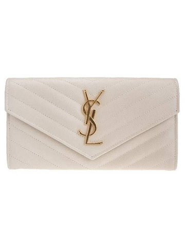 Matelasse Monogram Quilting Leather Flap Long Wallet White - SAINT LAURENT - BALAAN 1