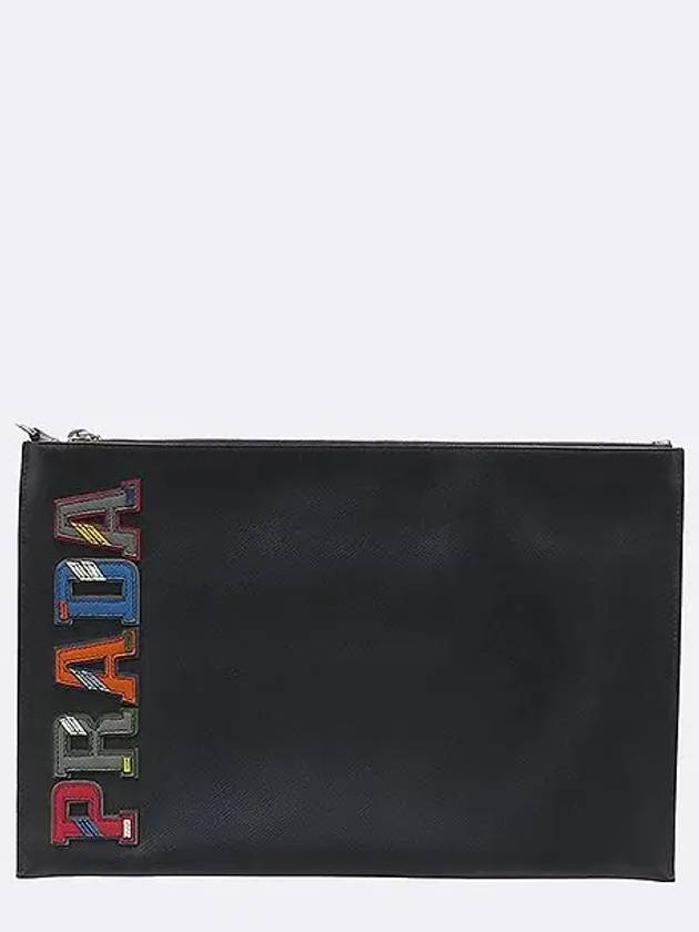 2NG001 Black Saffiano Leather Patch Logo Clutch - PRADA - BALAAN 2