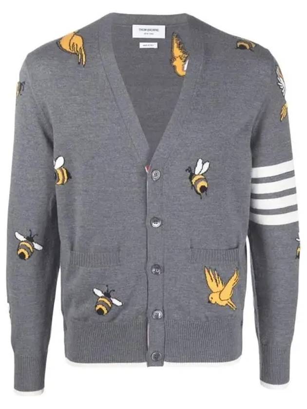 Men's Merino Bird Bee 4 Bar V-Neck Merino Cotton Cardigan Medium Grey - THOM BROWNE - BALAAN 2