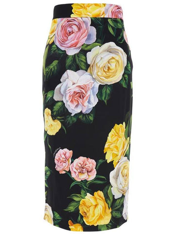 Black Midi Skirt With All-Over Floral Print In Silk Stretch Woman - DOLCE&GABBANA - BALAAN 1