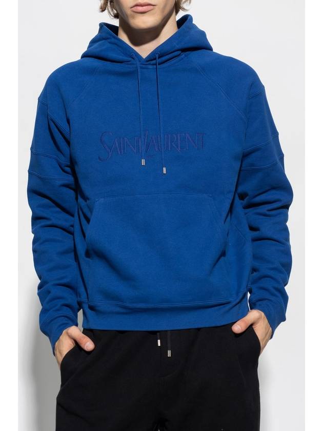 Embroidered Logo Hoodie Blue - SAINT LAURENT - BALAAN 4