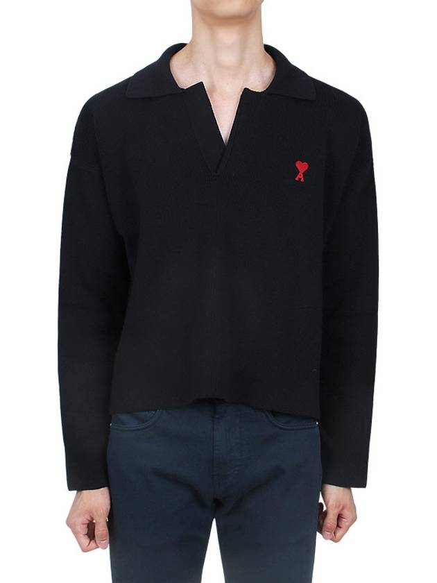 Small Heart Long Sleeve Polo Shirt Black - AMI - BALAAN 3