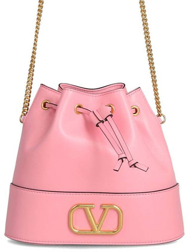 V Logo Signature Chain Napa Leather Bucket Bag Pink - VALENTINO - BALAAN 1