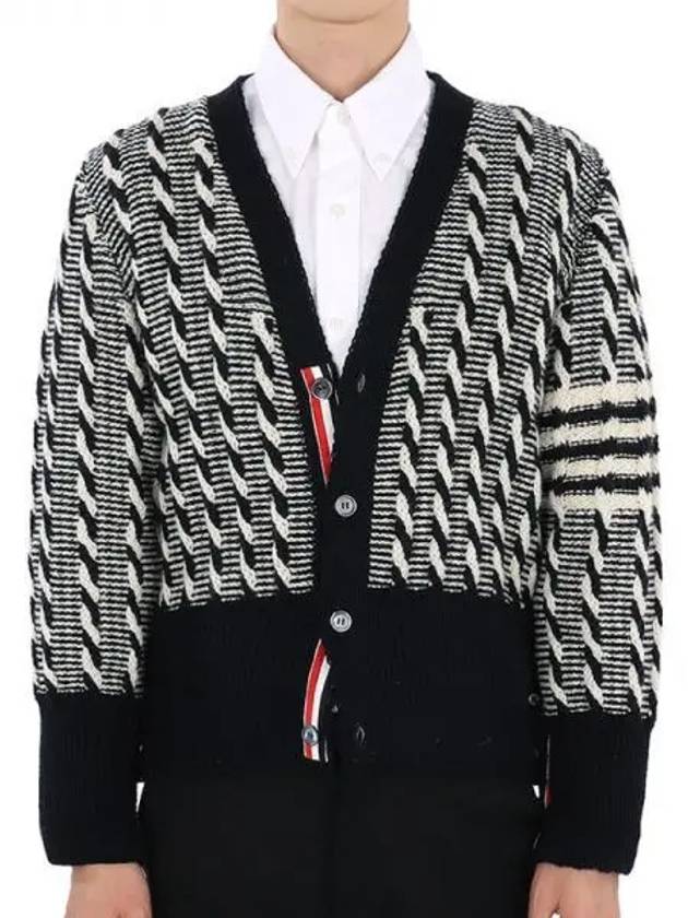 4-bar V-neck Twist Cable Knit Cardigan Navy - THOM BROWNE - BALAAN 2