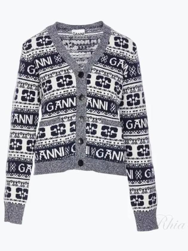 logo wool mix jacquard cardigan blue - GANNI - BALAAN 2