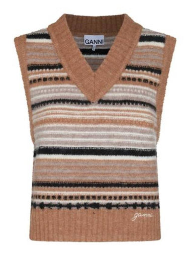 Striped Soft Wool Knit Vest Brown - GANNI - BALAAN 1