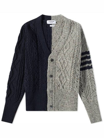 Fun-Mix Aran Cable Donegal 4-Bar Cardigan Navy Grey - THOM BROWNE - BALAAN 1