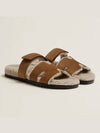 Chypre Suede Goatskin Woolskin Sandal Brun Fume - HERMES - BALAAN.