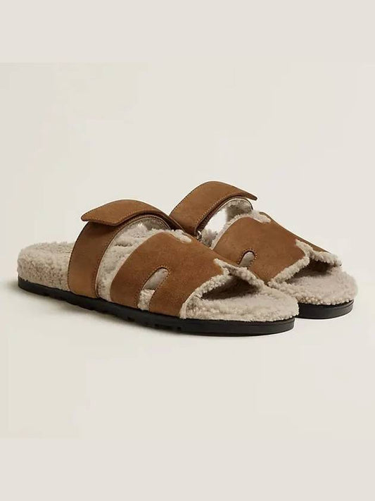 Chypre Suede Goatskin Woolskin Sandal Brun Fume - HERMES - BALAAN.