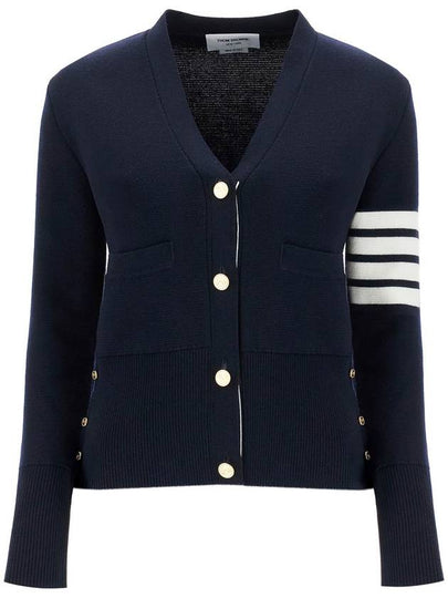 Milano Stitch 4 Bar Classic V Neck Fine Merino Wool Cardigan Navy - THOM BROWNE - BALAAN 2