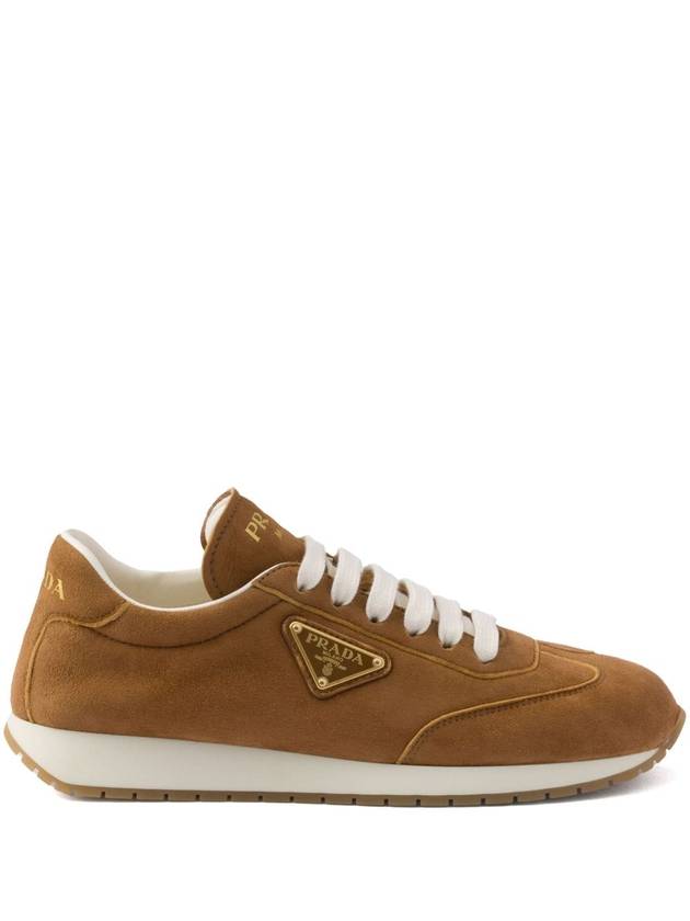 Enamel Logo Suede Low Top Sneakers Brown - PRADA - BALAAN 2