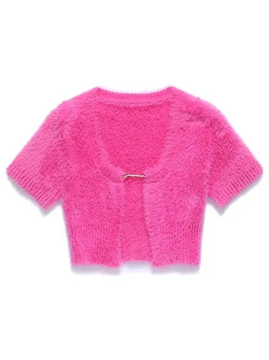 La Maile Neve Logo Charm Fluffy Crop Cardigan Pink - JACQUEMUS - BALAAN 2