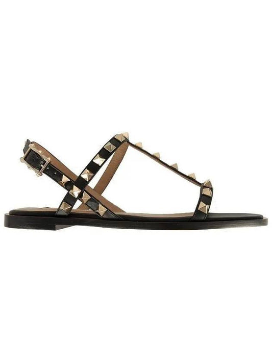 Women's Rockstud Flat Sandals Black - VALENTINO - BALAAN.