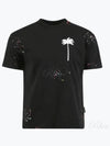 Palm Tree Painted Cotton Short Sleeve T-Shirt Black - PALM ANGELS - BALAAN 2