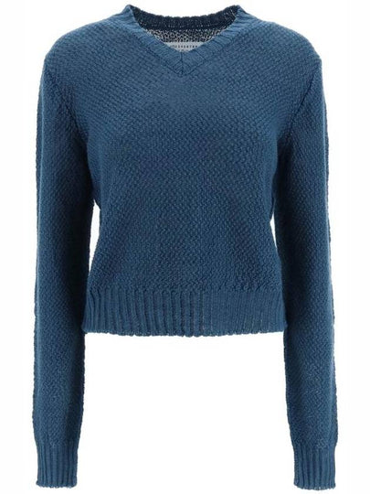 V-neck Basket Weave Hemp Knit Top Blue - MAISON MARGIELA - BALAAN 2