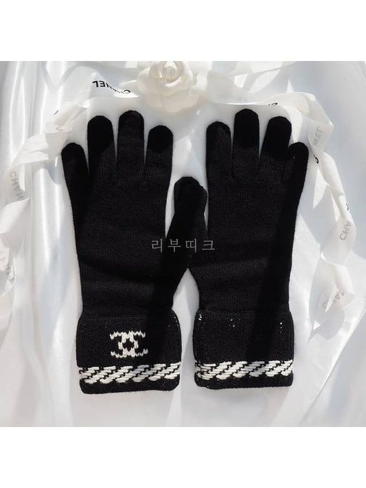 CC Logo Cashmere Gloves Black White AA8450 - CHANEL - BALAAN 1