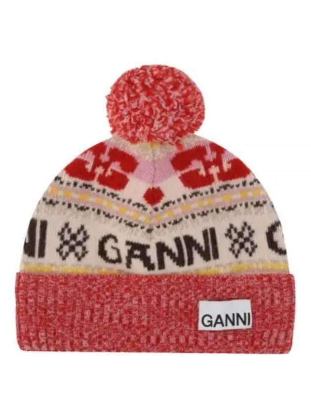 Logo Graphic Intarsia Knit Beanie Red - GANNI - BALAAN 2