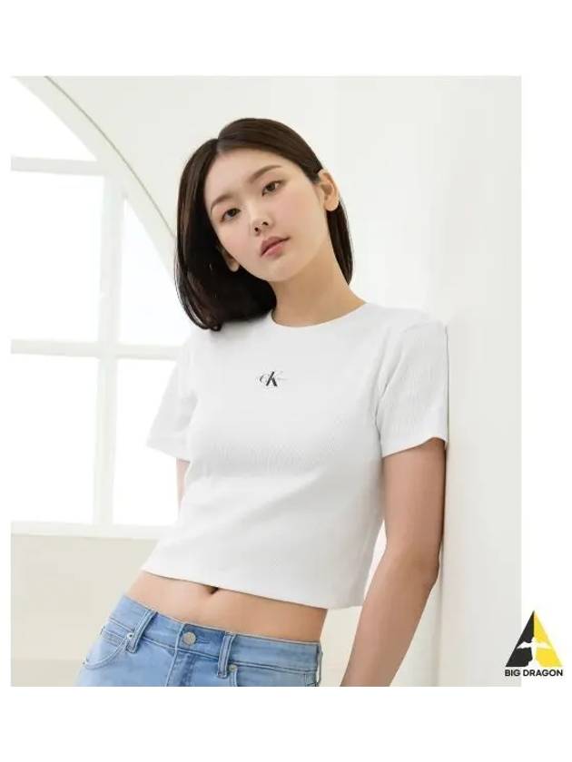 JEANS Women s White Logo Badge Cropped Short Sleeve T Shirt J221595 YAF - CALVIN KLEIN - BALAAN 1