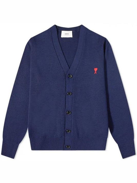 Small Heart Logo Wool Cardigan Navy - AMI - BALAAN 2