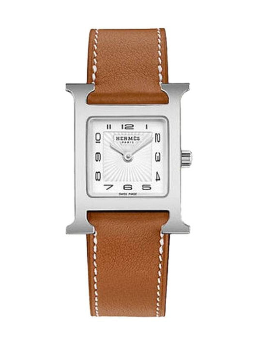 H Small Leather Watch Chestnut Silver White - HERMES - BALAAN.