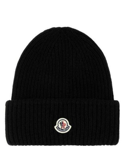 Logo Patch Cashmere Wool Beanie Black - MONCLER - BALAAN 2