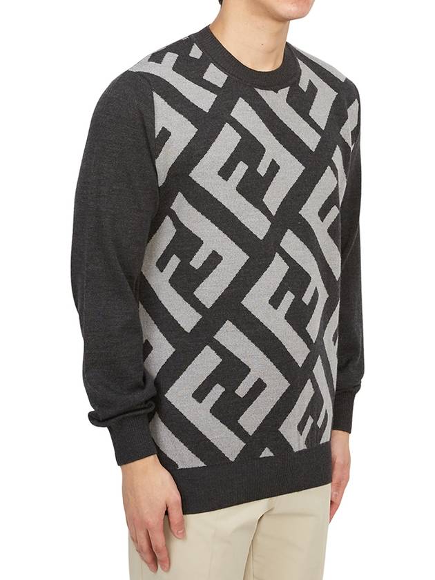 Monogram Jacquard Wool Crewneck Knit Top Grey - FENDI - BALAAN 4