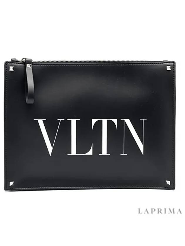 Men's Logo Print Leather Clutch Bag Black - VALENTINO - BALAAN.