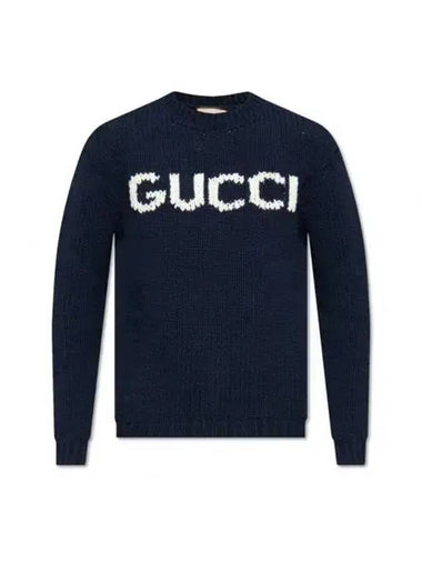 Logo Intarsia Wool Knit Top Navy - GUCCI - BALAAN 1