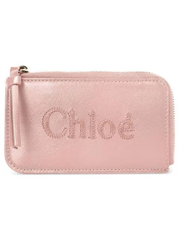 Embroidered Logo Shiny Calf Skin Zipper Card Wallet Pink - CHLOE - BALAAN 5