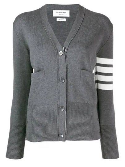 Milano Stitch 4 Bar Classic V Neck Fine Merino Wool Cardigan Medium Grey - THOM BROWNE - BALAAN 2