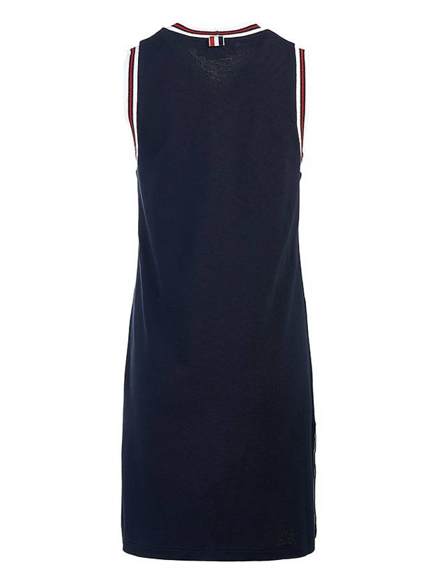 Women's Classic Pique Stripe V-Neck Cotton Tennis Dress Navy - THOM BROWNE - BALAAN 4