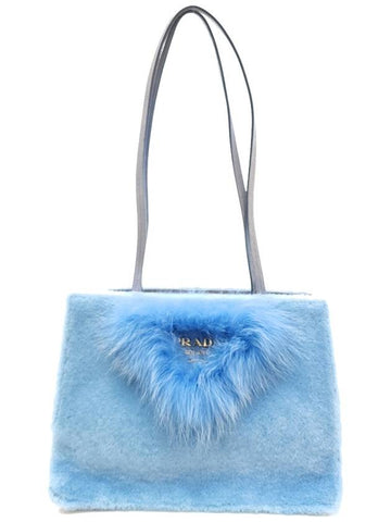 Women's Fur Metal Logo Mustang Tote Bag Sky Blue 1BG121 2EC6 F0637 - PRADA - BALAAN 1