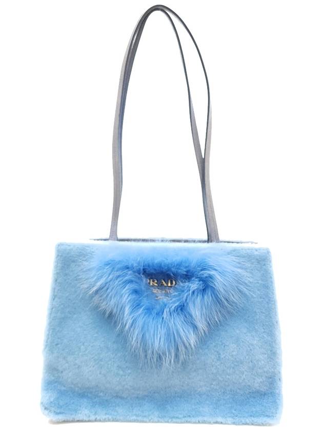 Women's Fur Metal Logo Mustang Tote Bag Sky Blue 1BG121 2EC6 F0637 - PRADA - BALAAN 1