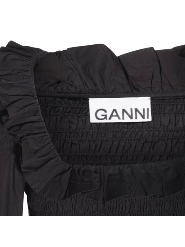 Poplin Ruffled Smoked Cotton Blouse Black - GANNI - BALAAN 6