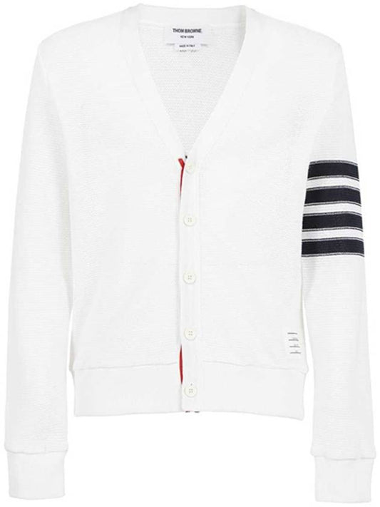 4 Bar Open Raschel Stitch V Neck Cardigan White - THOM BROWNE - BALAAN 2