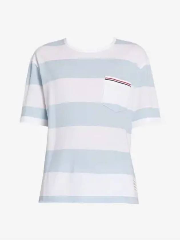 Men's Rugby Striped Pick Pocket Short Sleeve T-Shirt Light Blue White - THOM BROWNE - BALAAN 2