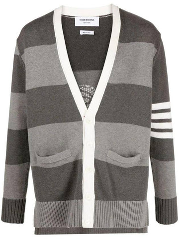 Pattern Intarsia Stripe Cardigan Grey - THOM BROWNE - BALAAN 1