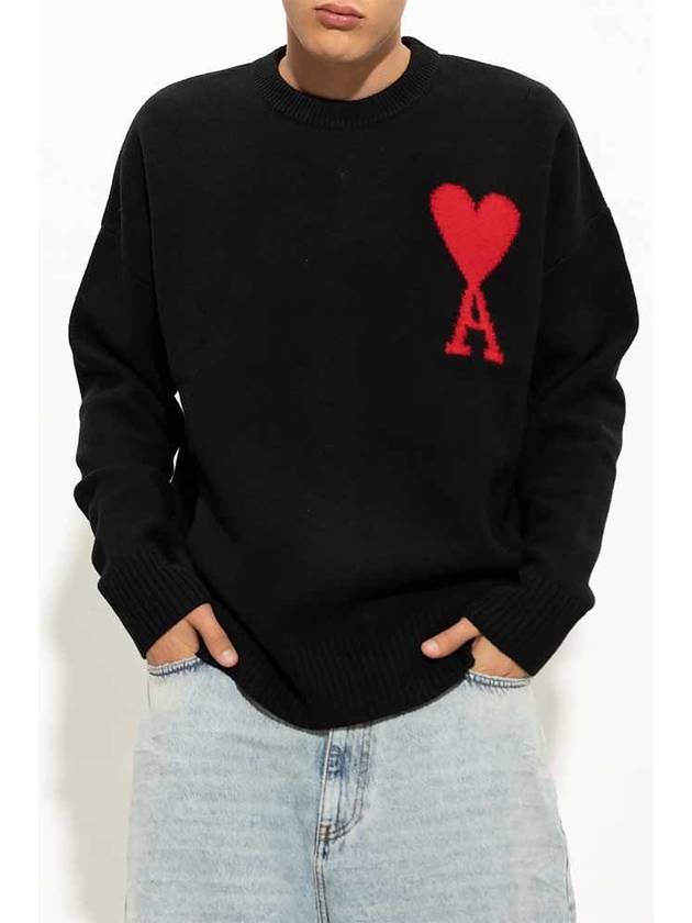 Big Heart Logo Oversized Intarsia Knit Top Black - AMI - BALAAN 4