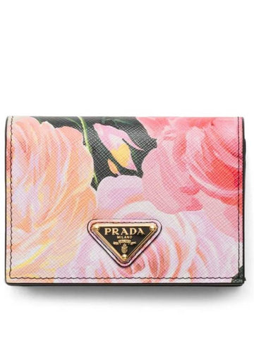 Floral Print Saffiano Leather Half Wallet Pink - PRADA - BALAAN 1