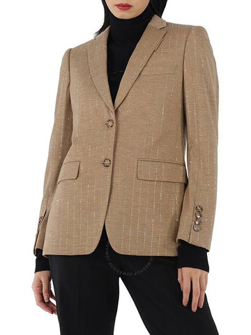 Burberry Ladies Pecan Melange Faux Crystal Pinstripes Wool Jersey Jacket, Brand Size 6 (US Size 4) - BURBERRY - BALAAN 1