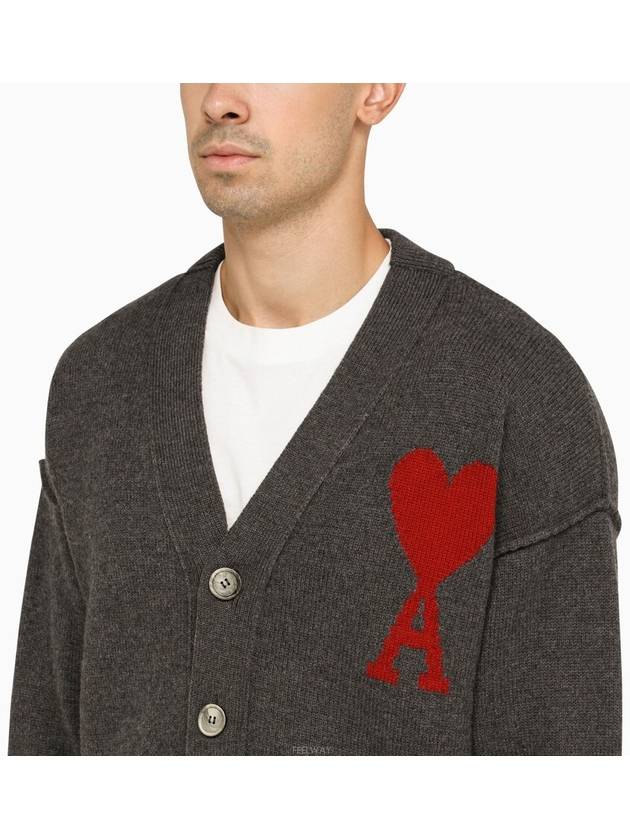 Heart Logo V Neck Wool Cardigan Heather Grey - AMI - BALAAN 3