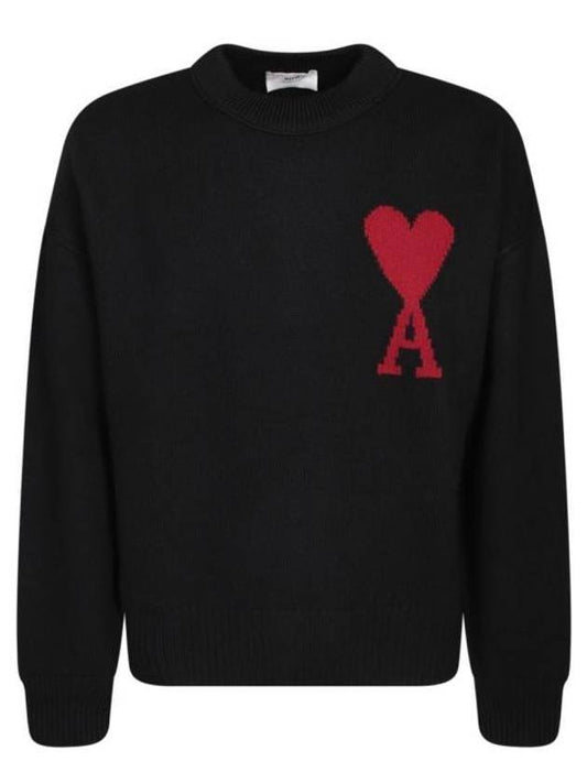 Intarsia Big Heart Logo Wool Knit Top Black - AMI - BALAAN 1